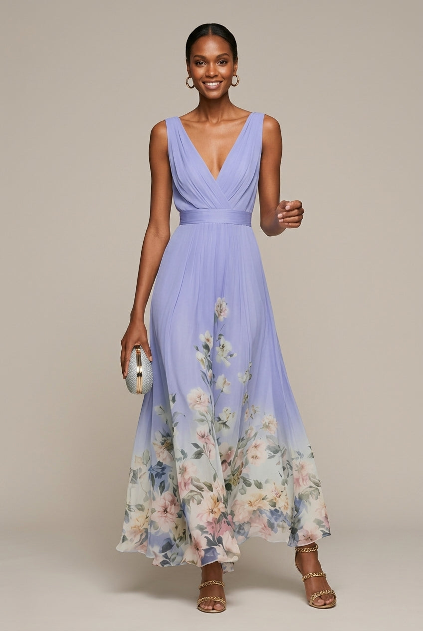 Women's dark blue floral print maxi dress with a ruched bodice and V-neck
