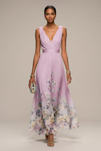 Women's light green floral print maxi dress with a ruched bodice and V-neck