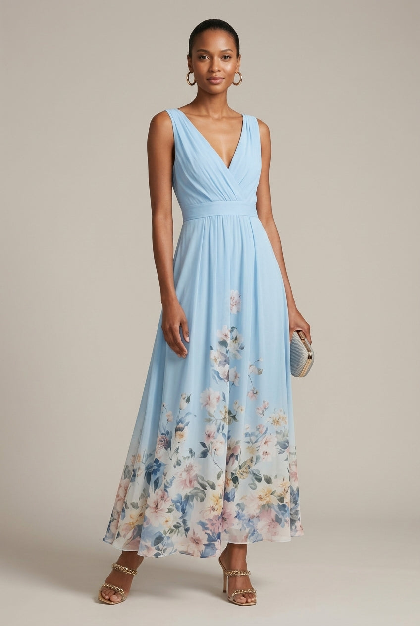 Women's light green floral print maxi dress with a ruched bodice and V-neck