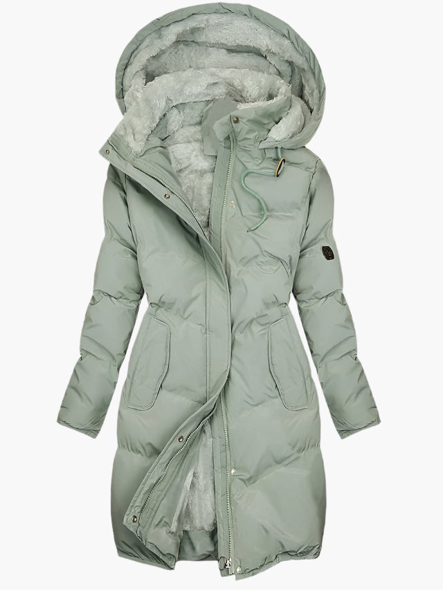 Women's green padded hooded puffer coat for autumn outdoor wear