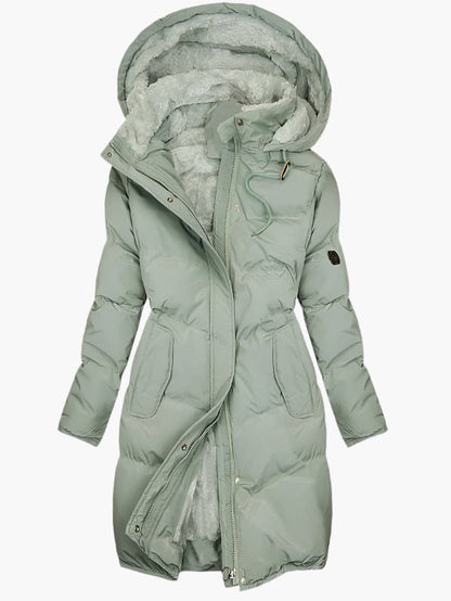 Women's green padded hooded puffer coat for autumn outdoor wear