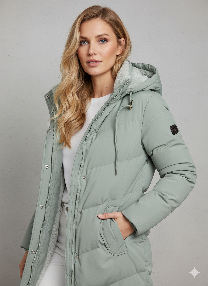 Women's green padded hooded puffer coat for autumn outdoor wear
