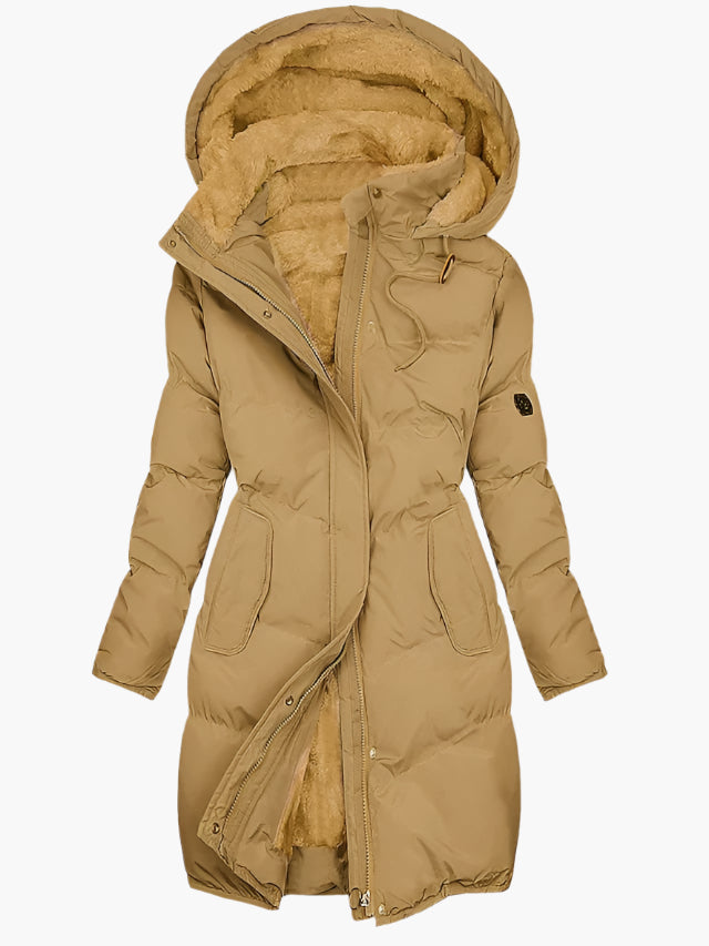 Women's green padded hooded puffer coat for autumn outdoor wear