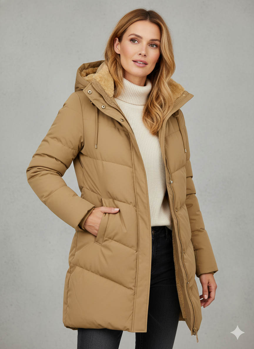 Women's black padded hooded puffer coat for autumn outdoor wear