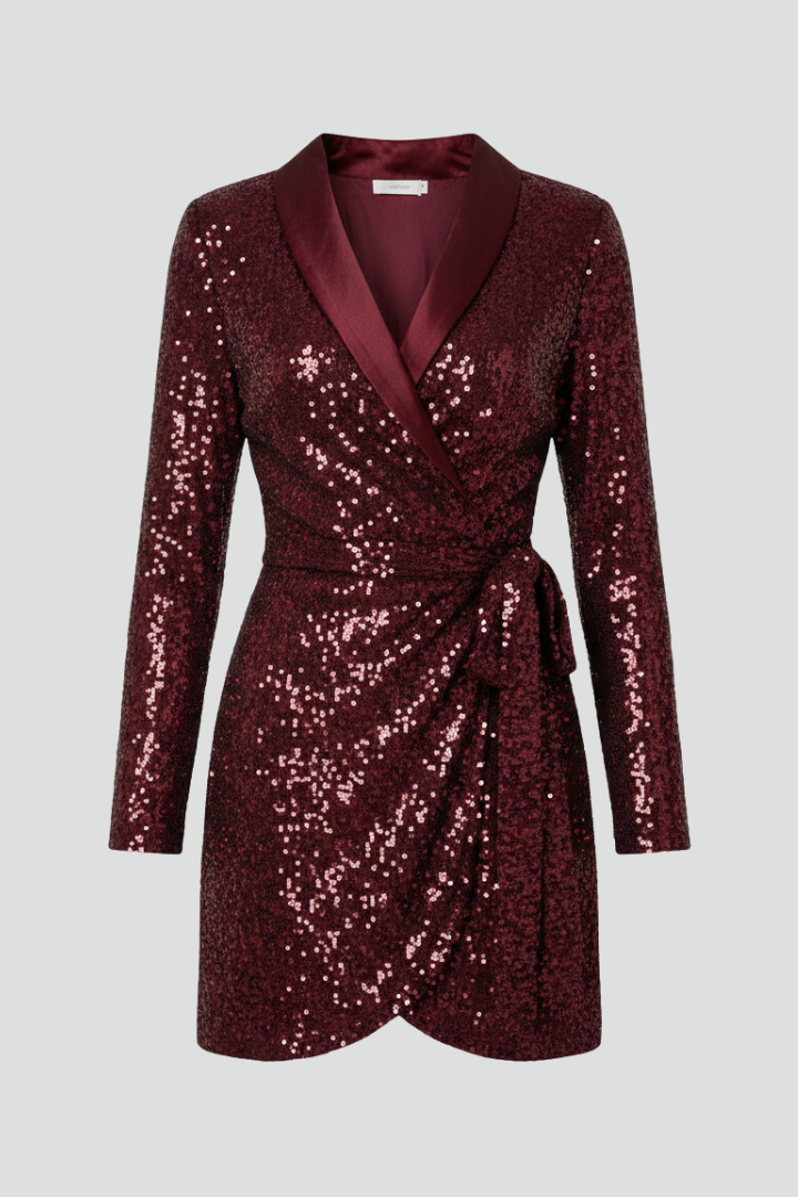 V-neck wrap dress with long sleeves, back view