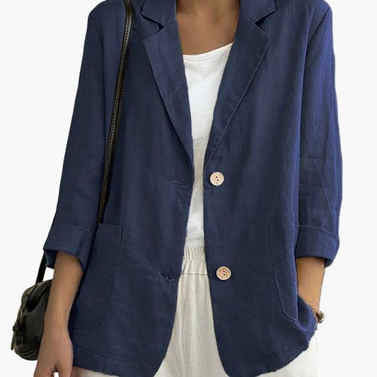 Navy blue casual blazer for women in a relaxed fit with patch pockets