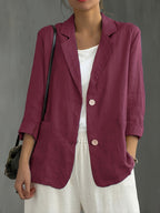 Navy blue casual blazer for women in a relaxed fit with patch pockets