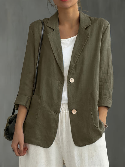 Navy blue casual blazer for women in a relaxed fit with patch pockets