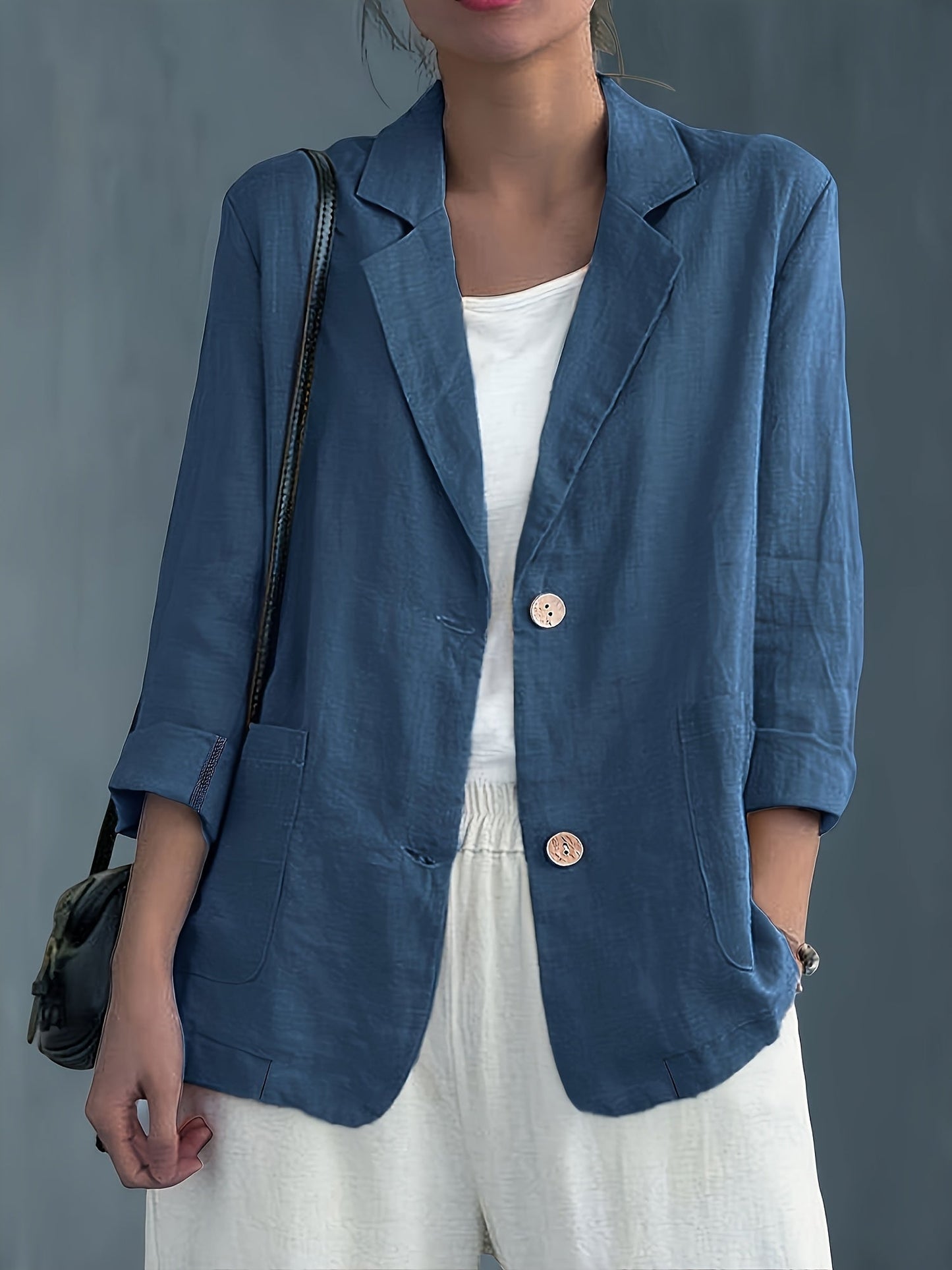 Khaki casual blazer for women in a relaxed fit with patch pockets
