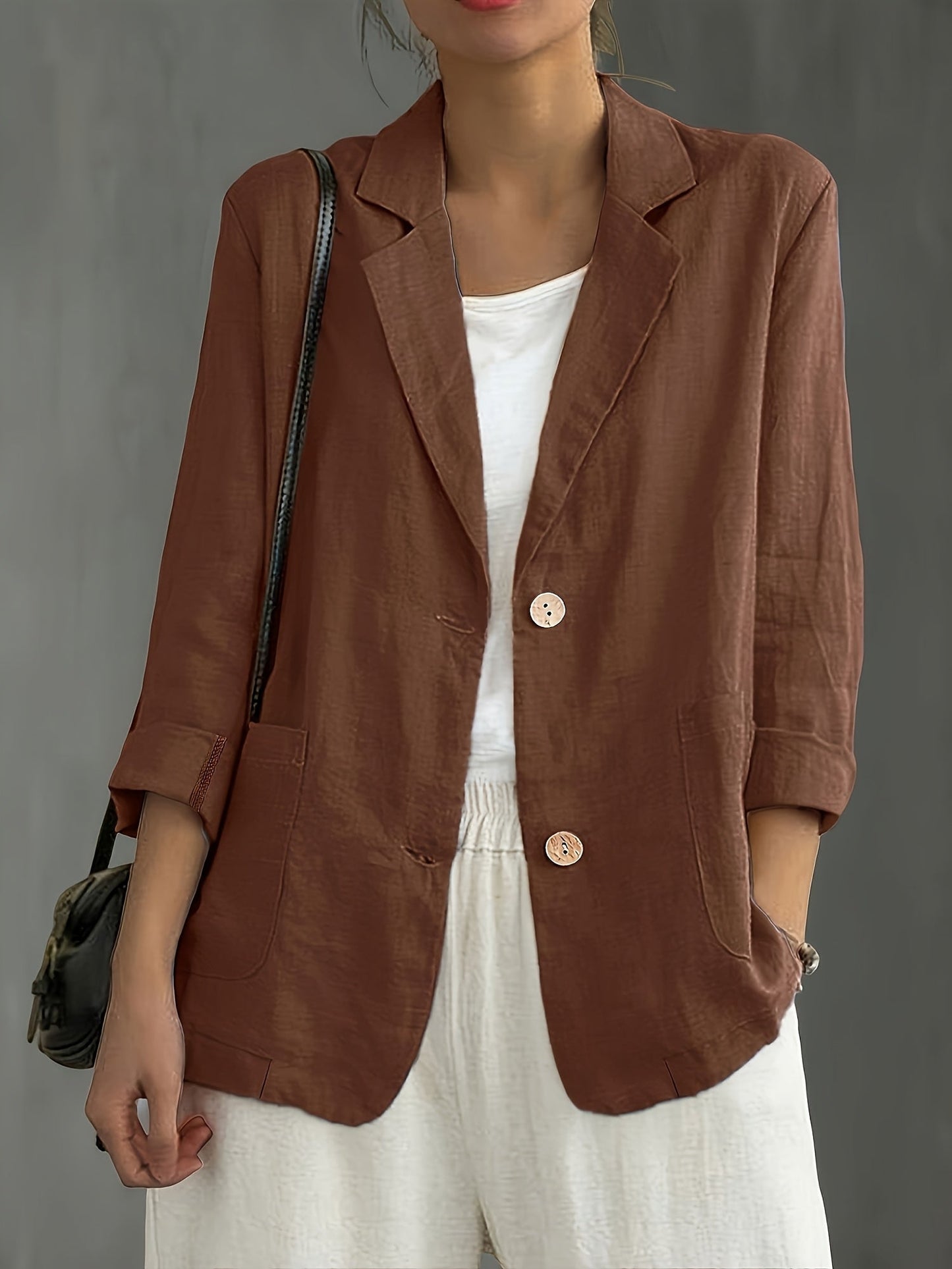 Khaki casual blazer for women in a relaxed fit with patch pockets