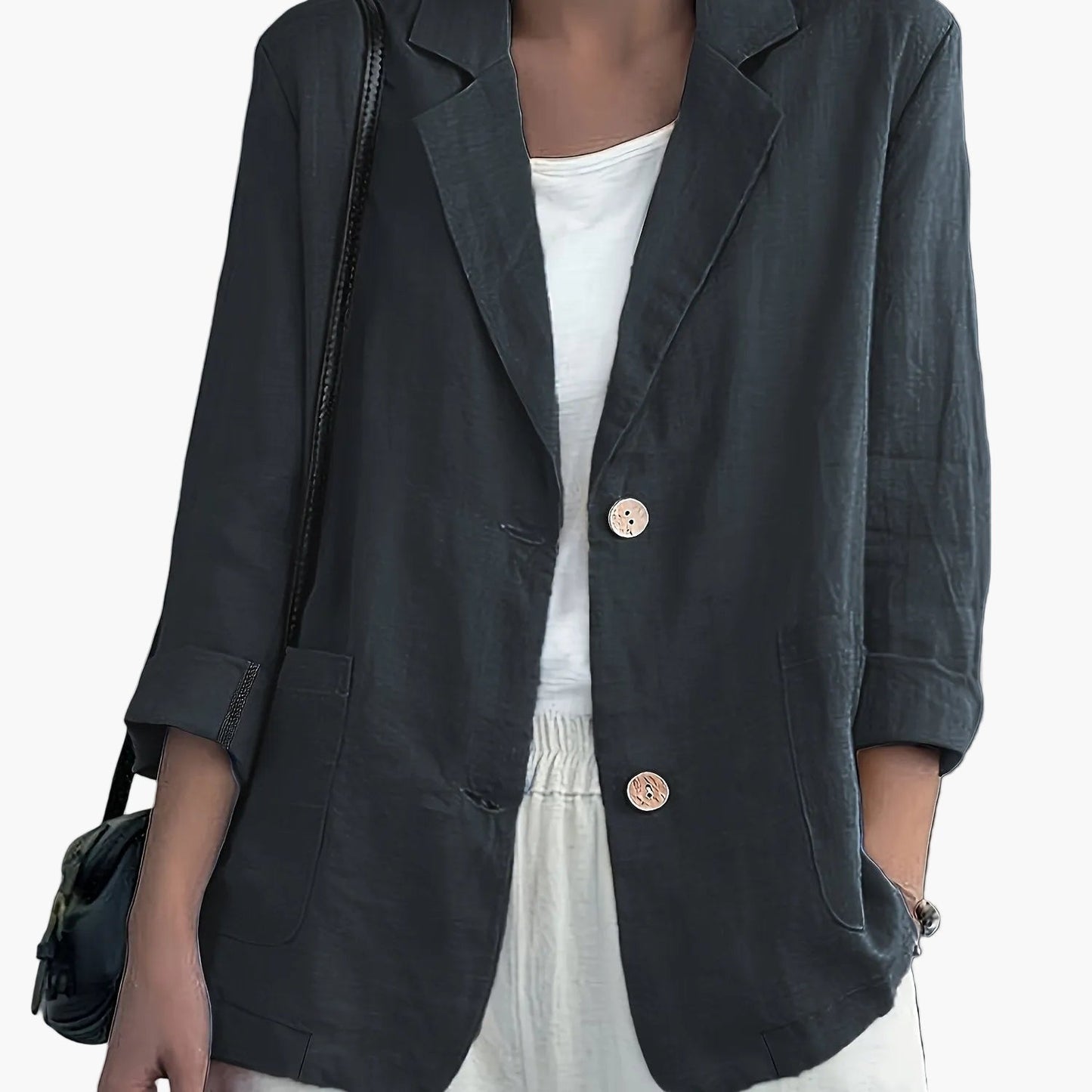 Khaki casual blazer for women in a relaxed fit with patch pockets