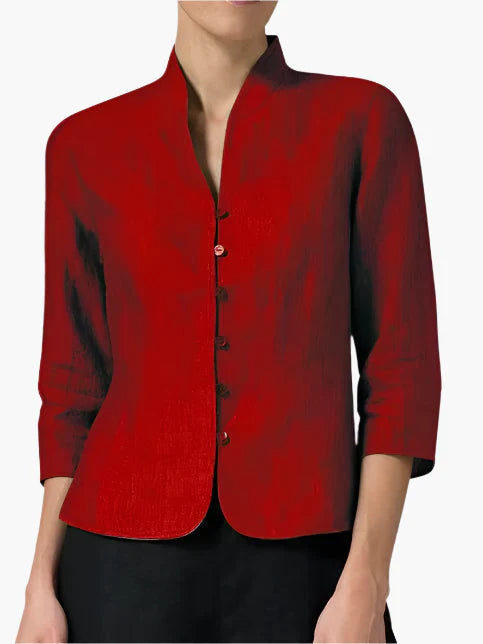 Red tailored blazer for women with a structured stand collar