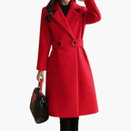 Women's camel belted slim fit longline coat for autumn office wear
