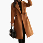 Women's camel belted slim fit longline coat for autumn office wear