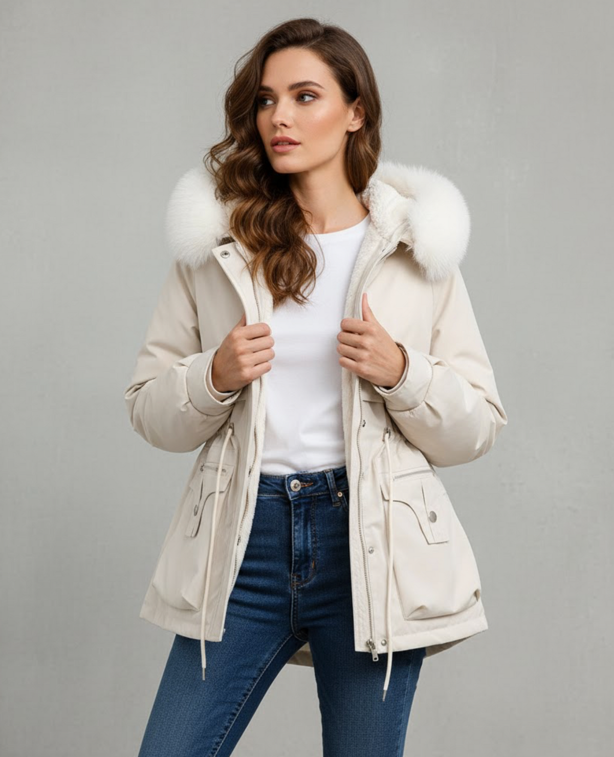Women's white elegant hooded parka for autumn city wear
