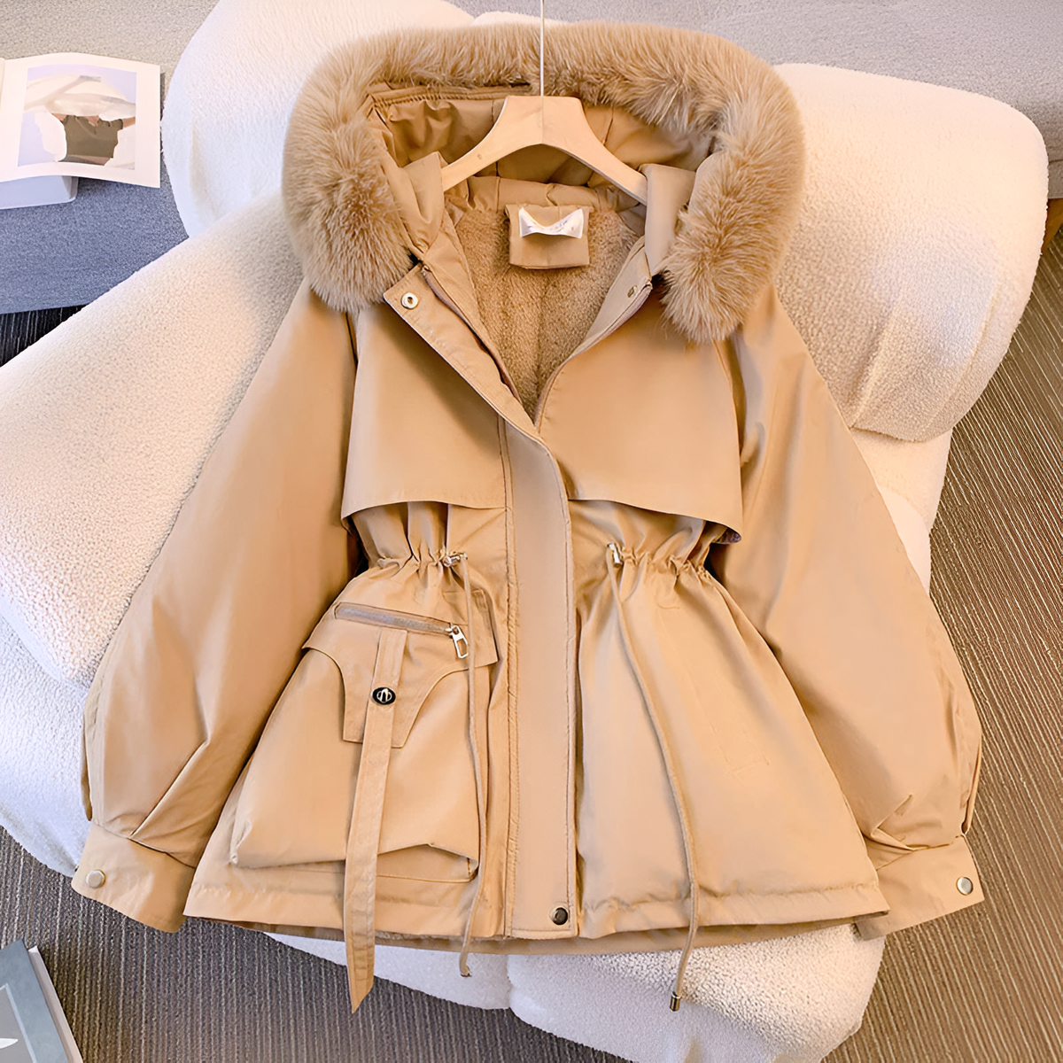 Women's white elegant hooded parka for autumn city wear