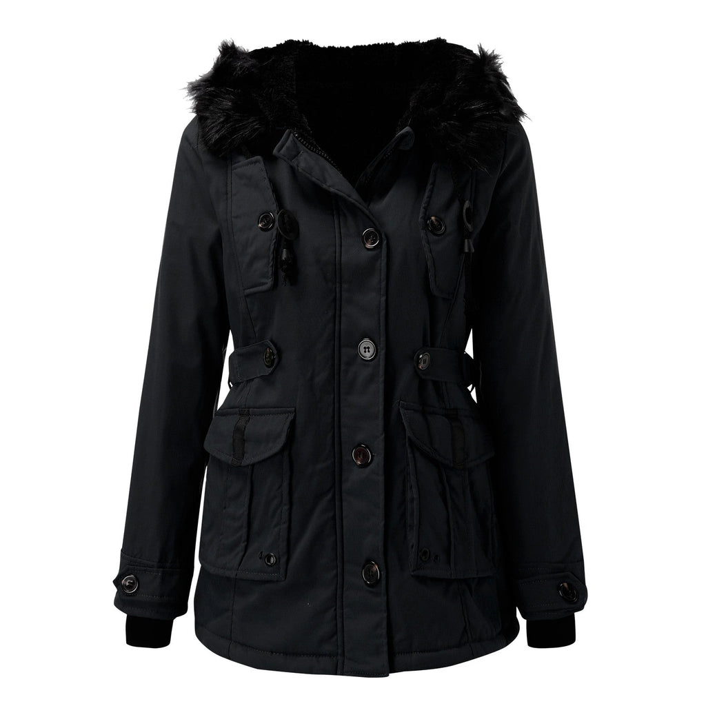 Women's black faux fur trim hooded parka for autumn commuting