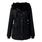 Women's black faux fur trim hooded parka for autumn commuting