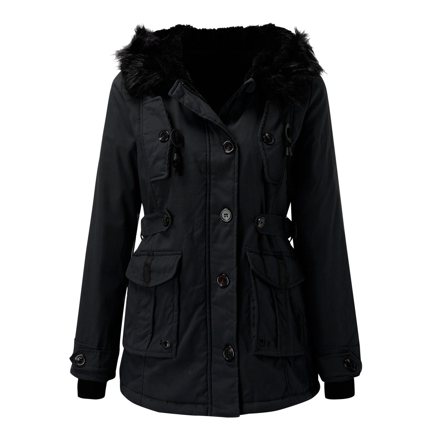Women's black faux fur trim hooded parka for autumn commuting
