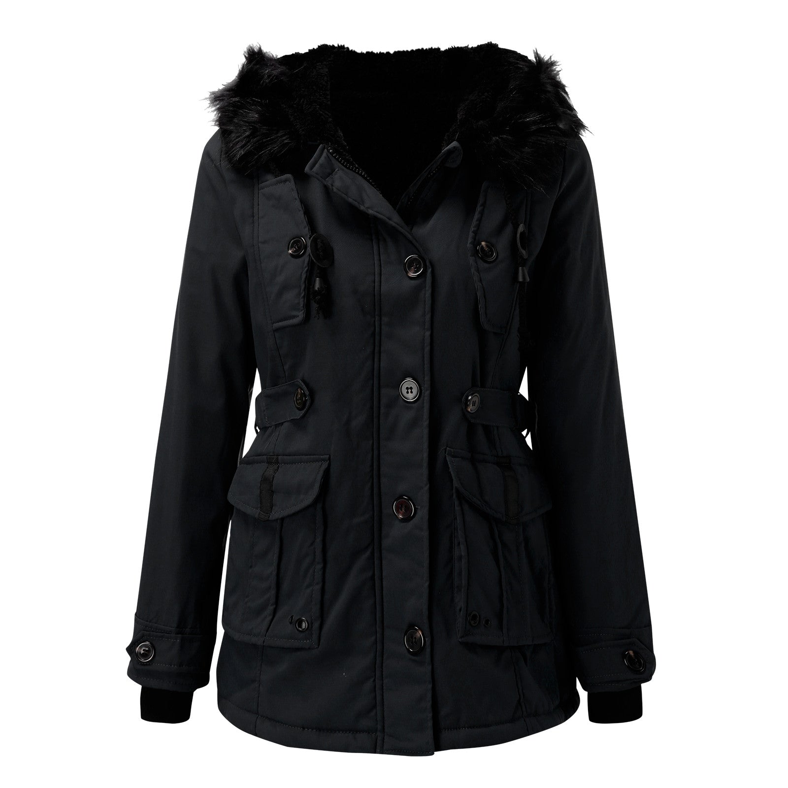 Women's black faux fur trim hooded parka for autumn commuting