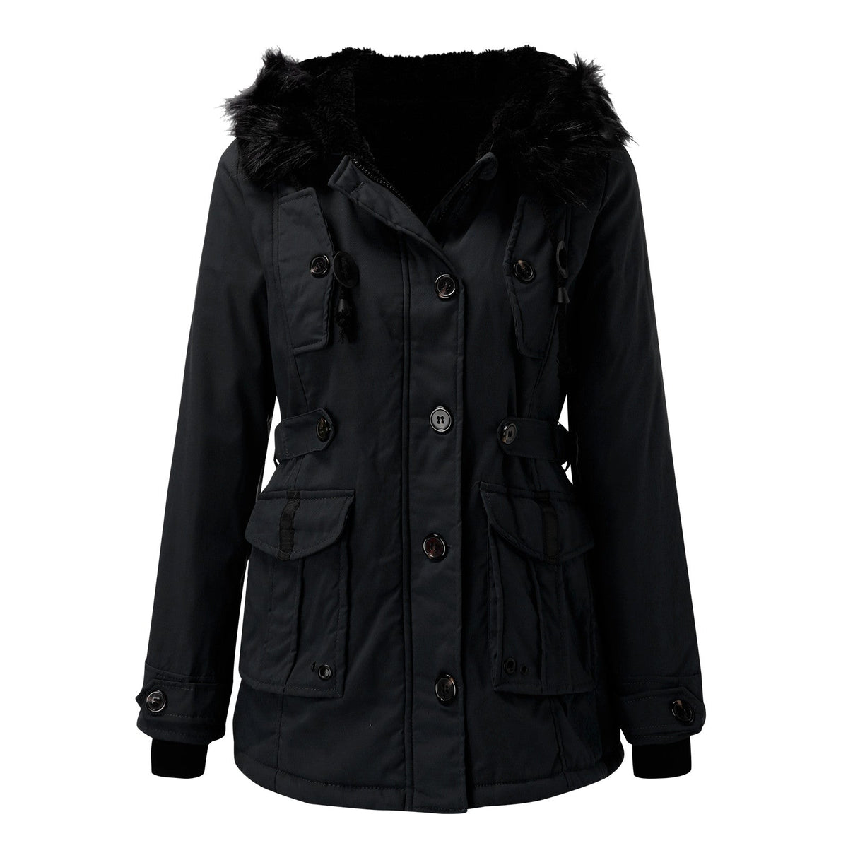 Women's black faux fur trim hooded parka for autumn commuting