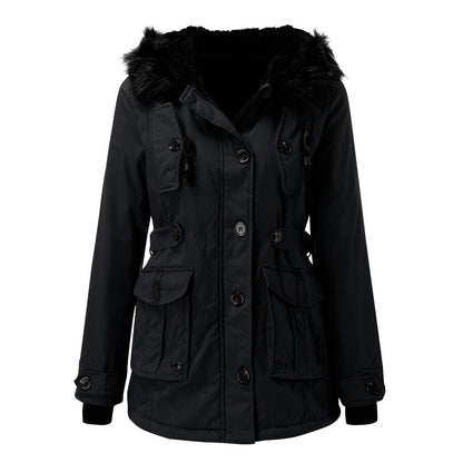 Women's black faux fur trim hooded parka for autumn commuting