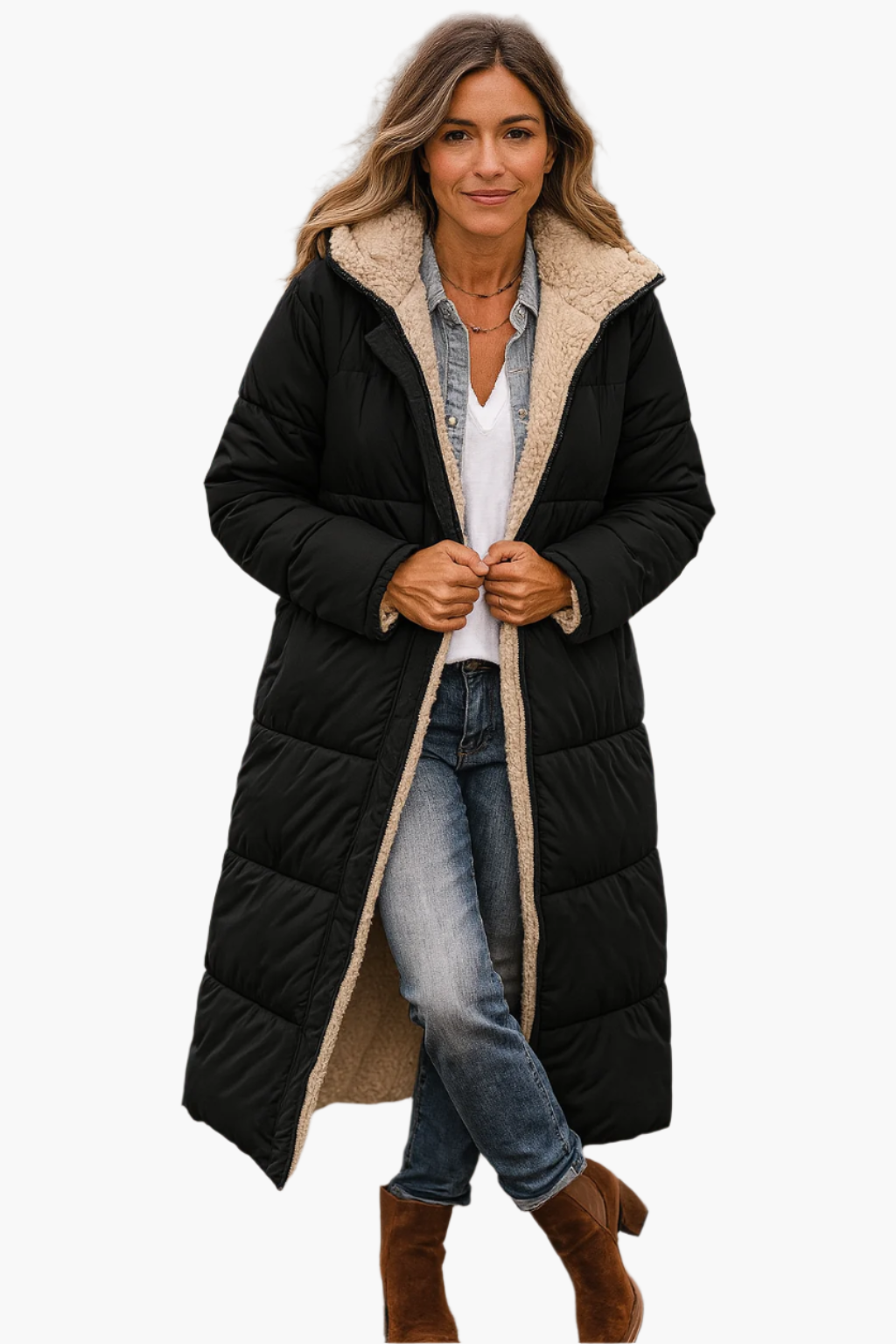 Women's black quilted longline coat with a teddy-lined hood