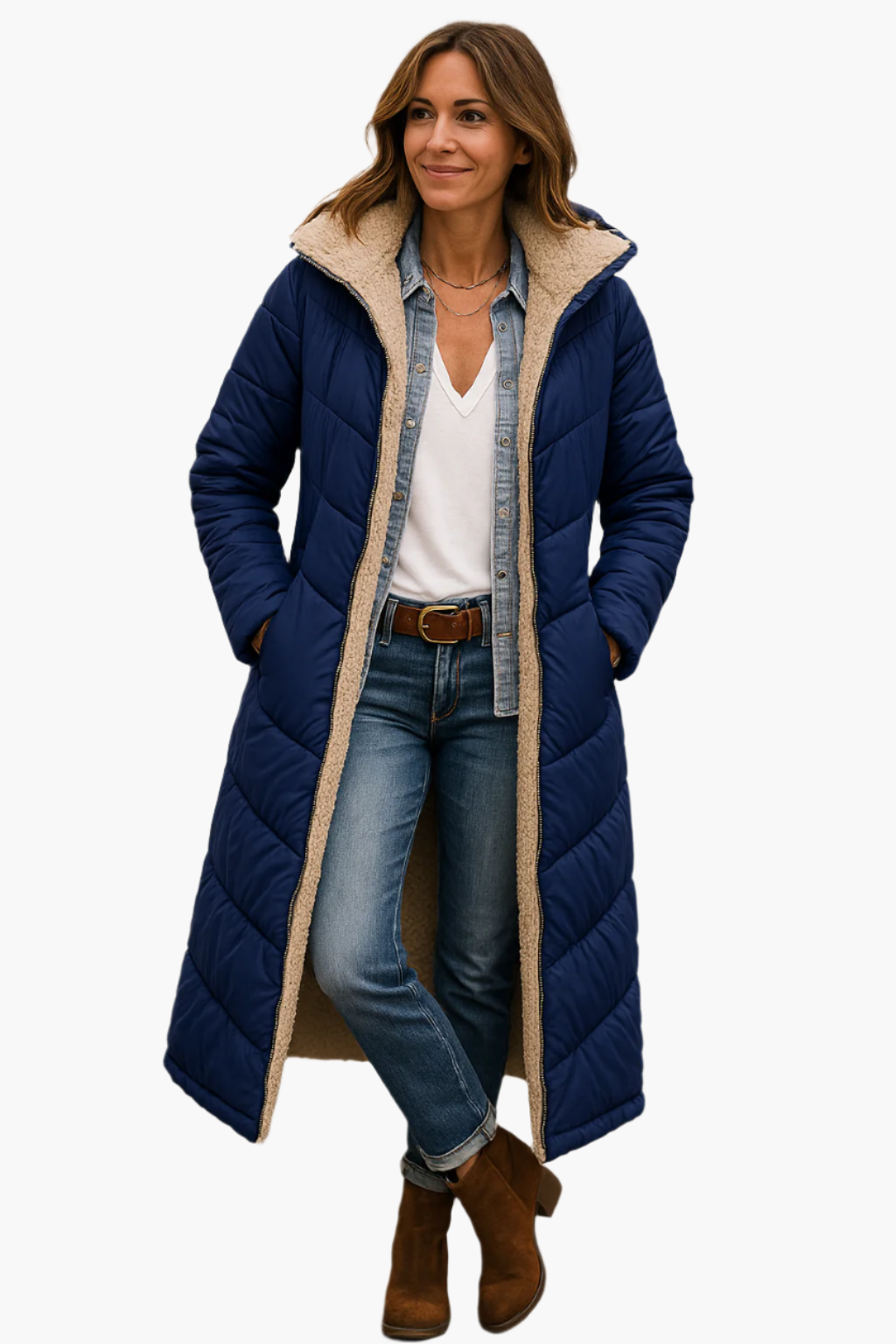 Women's black quilted longline coat with a teddy-lined hood