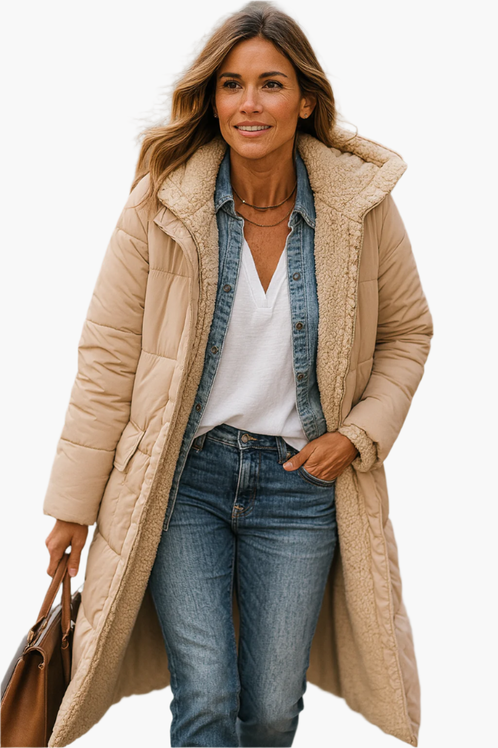 Women's black quilted longline coat with a teddy-lined hood
