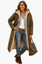 Women's black quilted longline coat with a teddy-lined hood