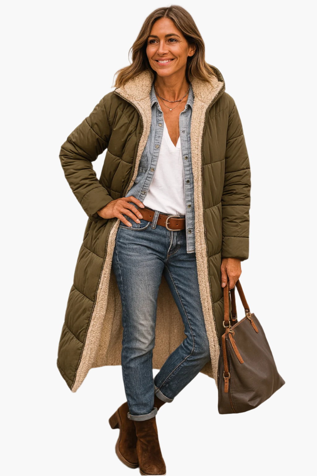 Women's black quilted longline coat with a teddy-lined hood