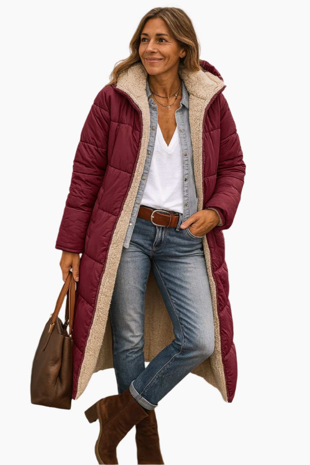 Women's black quilted longline coat with a teddy-lined hood