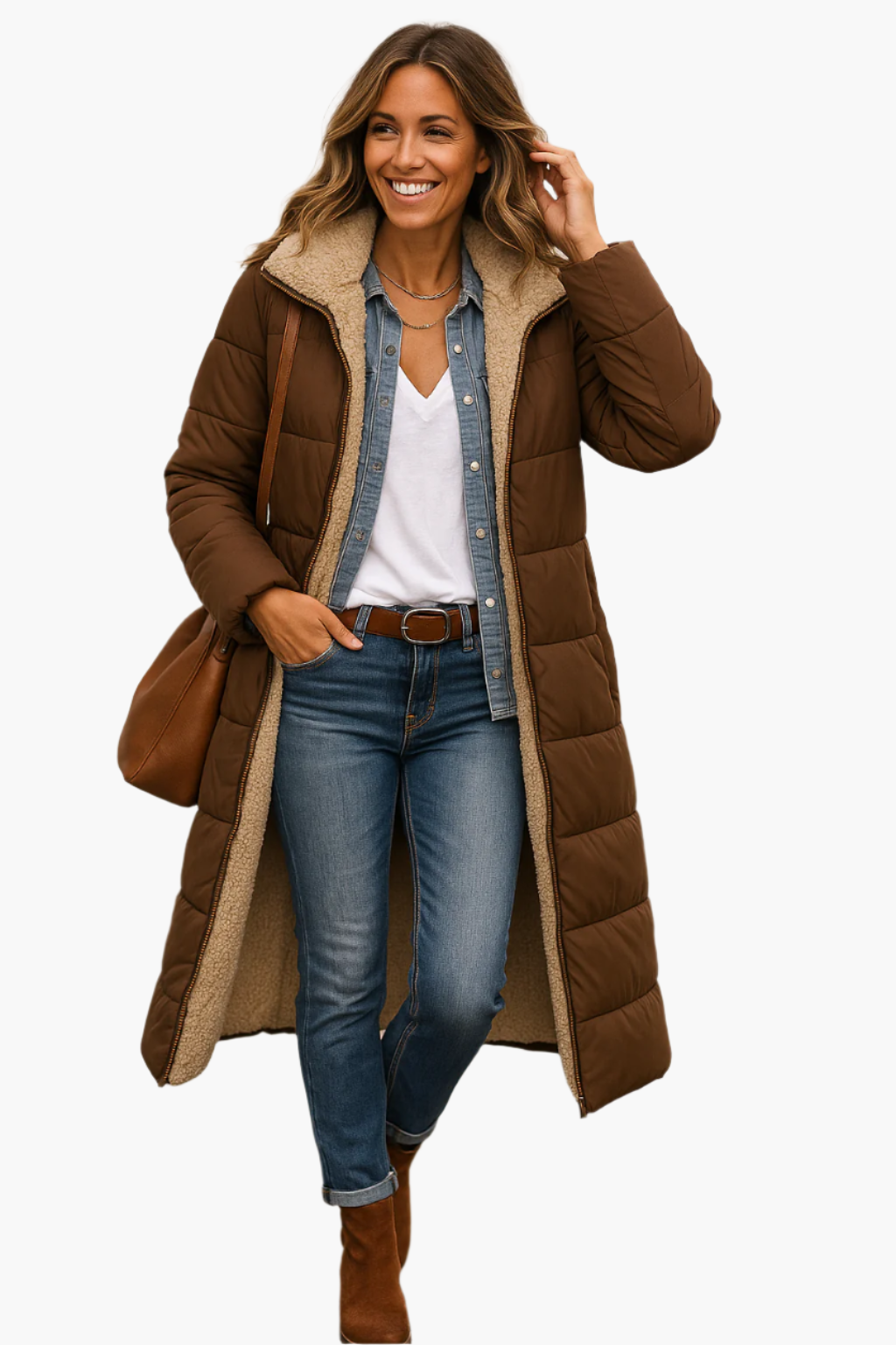 Women's black quilted longline coat with a teddy-lined hood