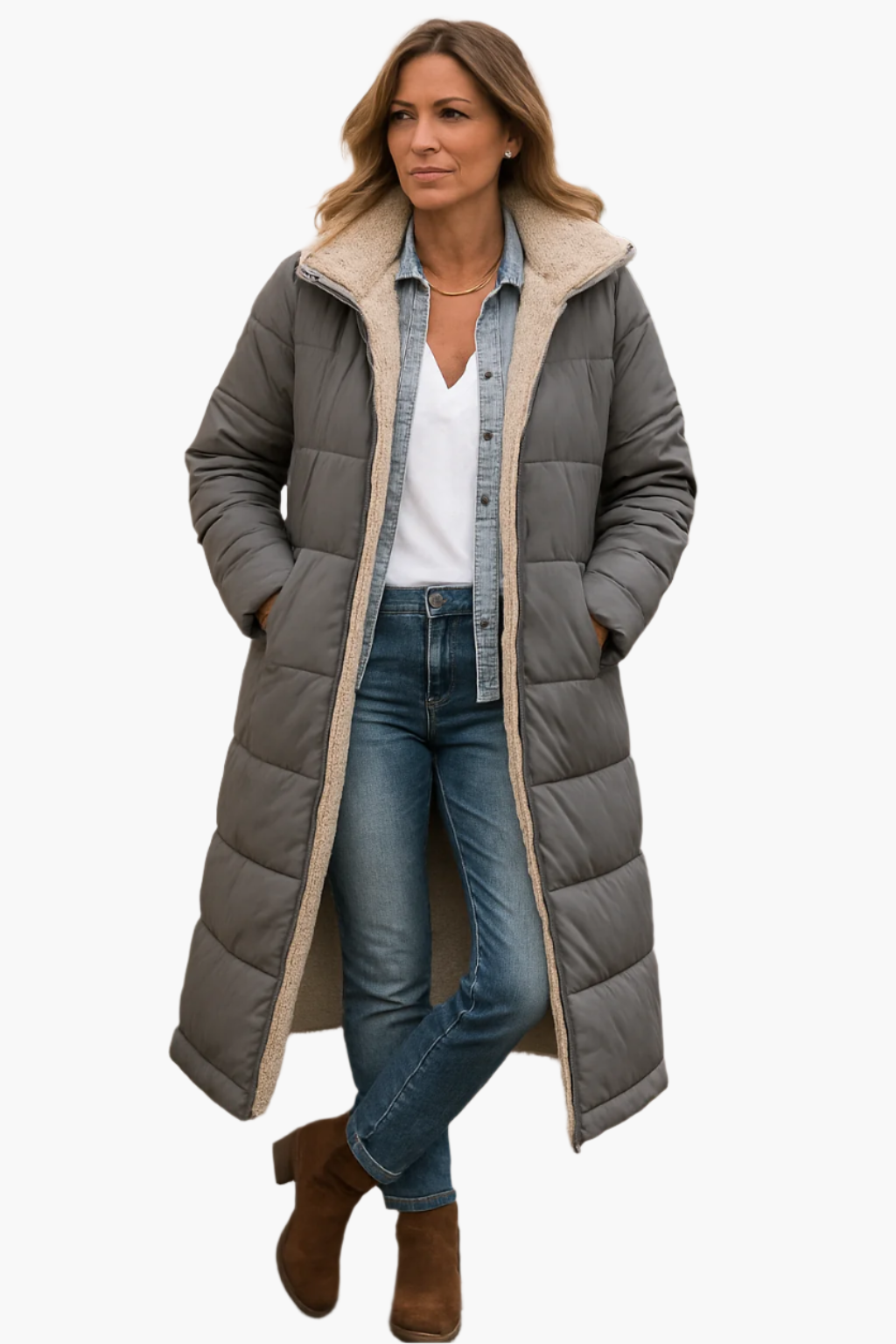 Women's navy blue quilted longline coat with a teddy-lined hood