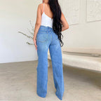Women's high waisted ripped wide leg jeans with knee cuts, front view