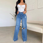 Women's blue high waisted ripped wide leg jeans with knee cuts