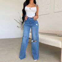Undine | Women's High Waisted Ripped Wide Leg Jeans with Knee Cuts