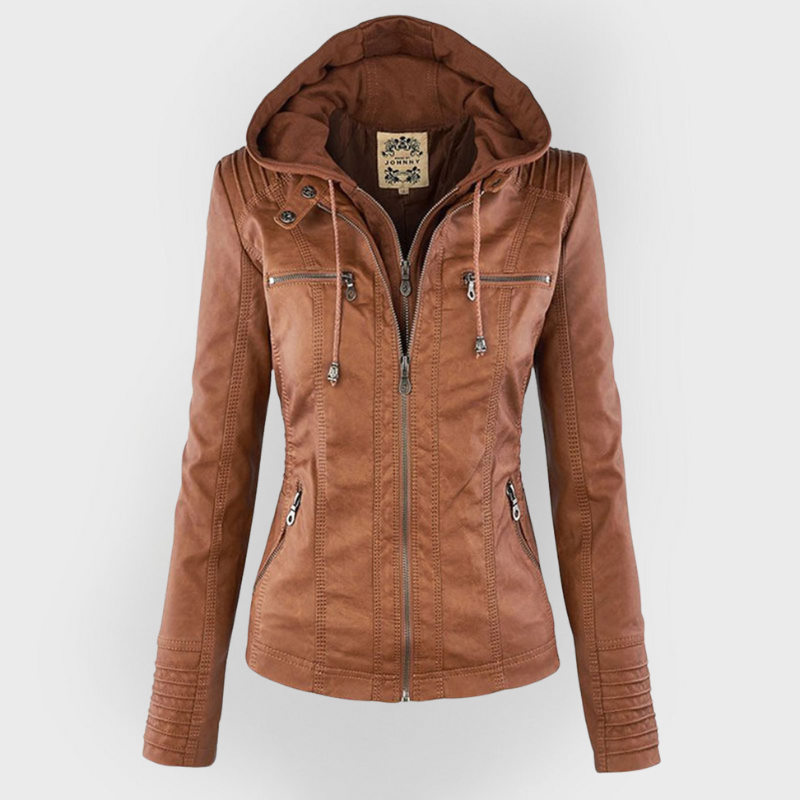 Women's Beige Faux Leather Hooded Moto Jacket