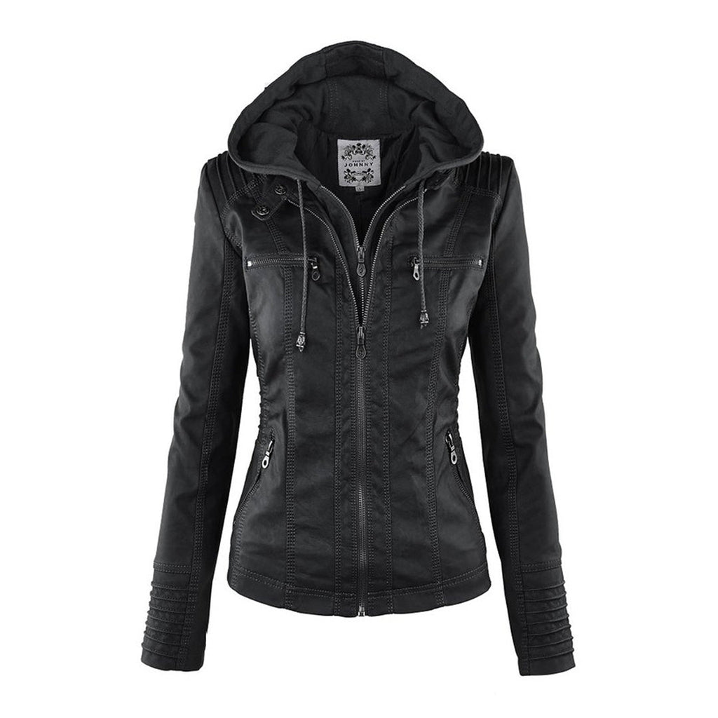 Women's Faux Leather Hooded Moto Jacket