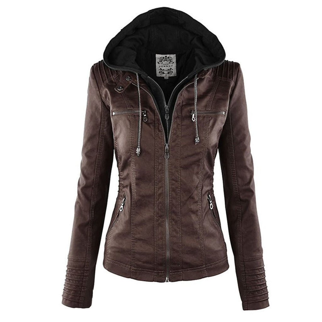 Women's Faux Leather Hooded Moto Jacket