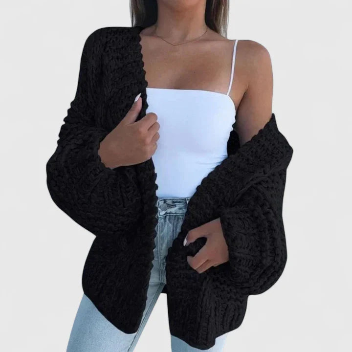 Women's black chunky knit open front cardigan for autumn layering