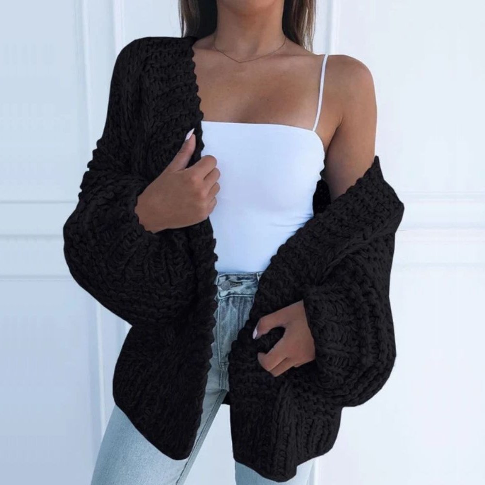 Women's black chunky knit open front cardigan for autumn layering