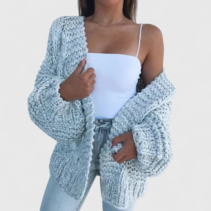 Women's brown chunky knit open front cardigan for autumn layering