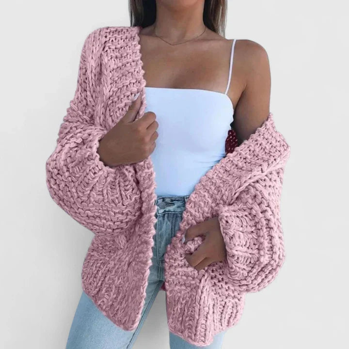 Women's brown chunky knit open front cardigan for autumn layering