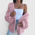 Women's brown chunky knit open front cardigan for autumn layering