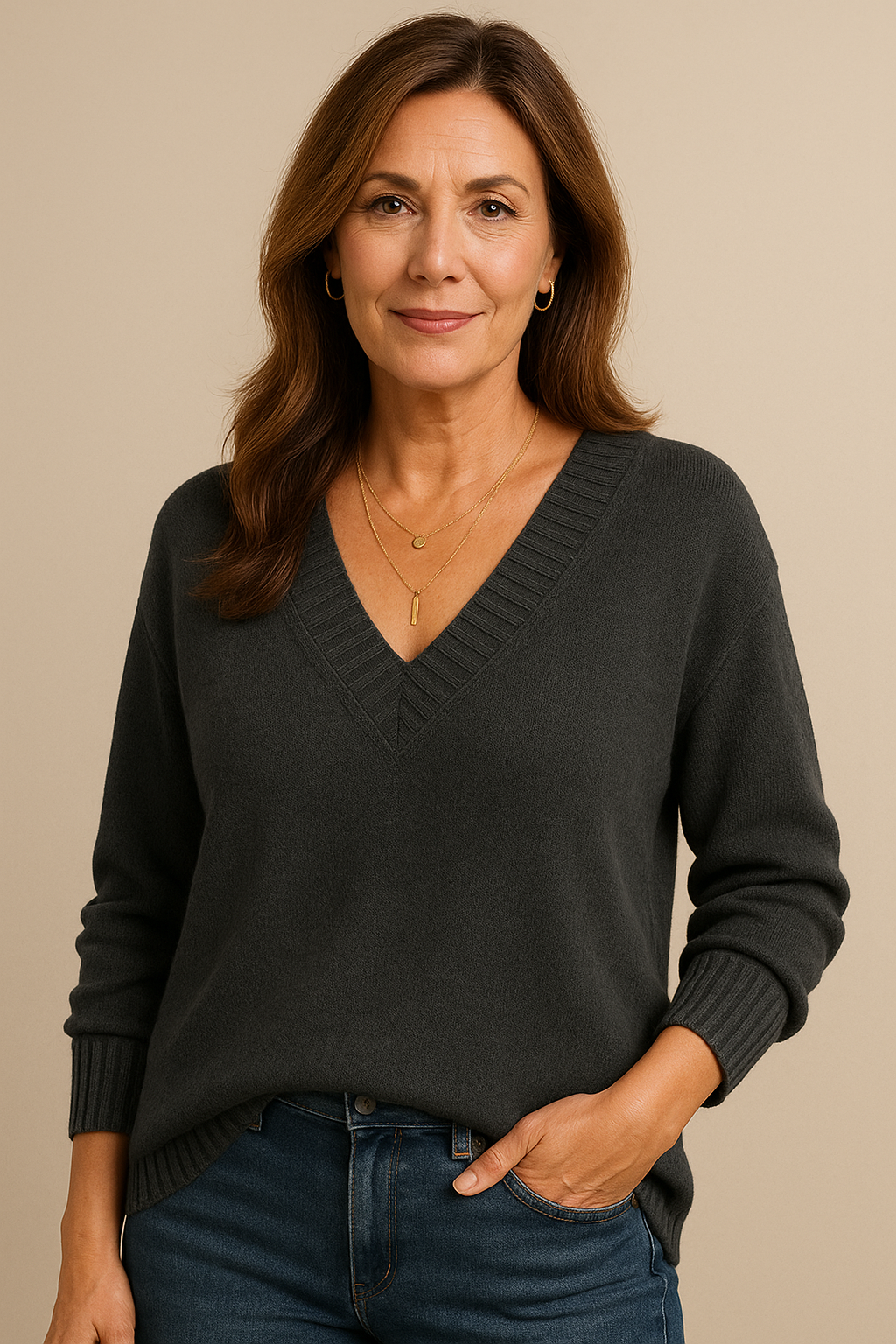 Pink pure cashmere V-neck jumper with a graceful classic fit for autumn