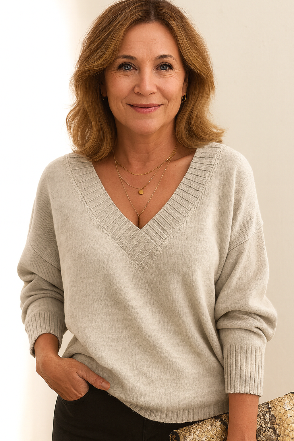 Pink pure cashmere V-neck jumper with a graceful classic fit for autumn