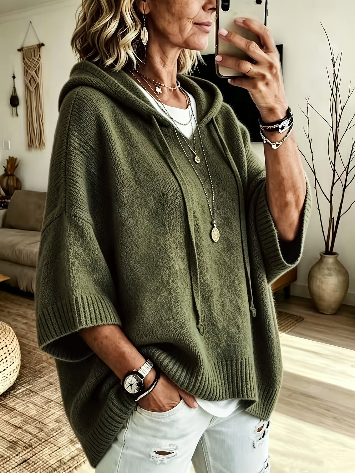 Women's olive green oversized knit hoodie with batwing half sleeves