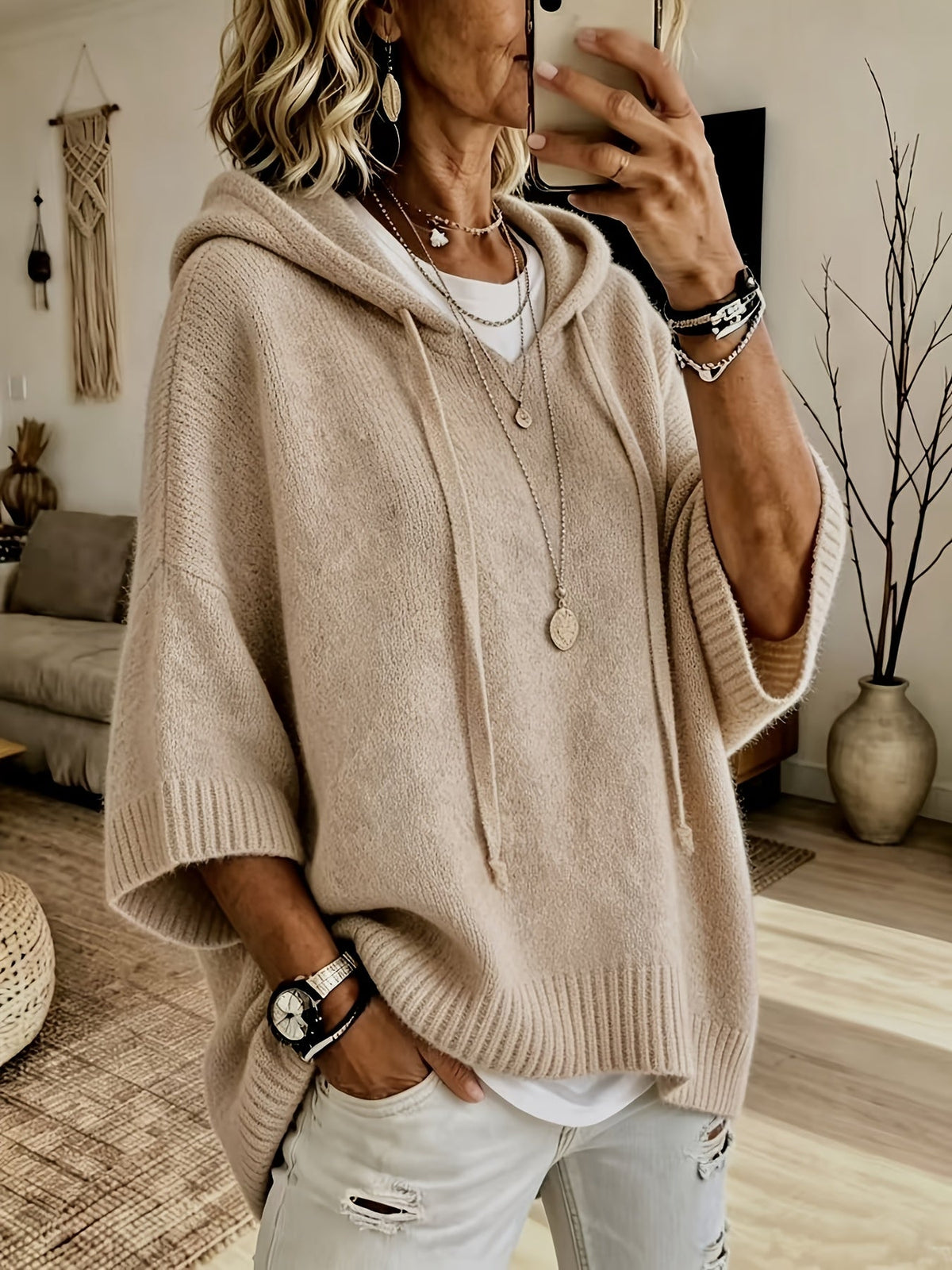 Women's khaki oversized knit hoodie with batwing half sleeves