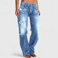 Women's blue baggy distressed jeans with a relaxed leg and high stretch fabric